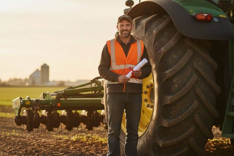 Operador de máquinas agrícolas qualificado segurando certificado de conclusão de curso próximo a um trator de grande porte.