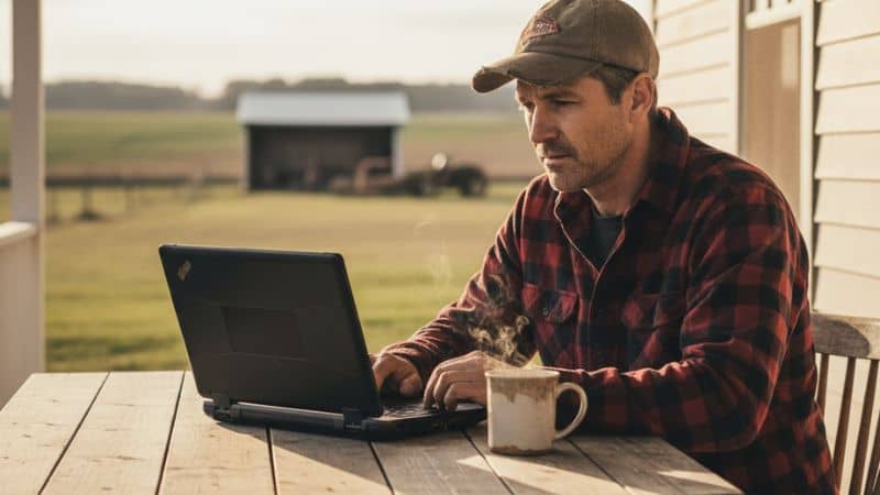 Homem estudando curso de operador de trator online em notebook na fazenda, demonstrando flexibilidade de horários.