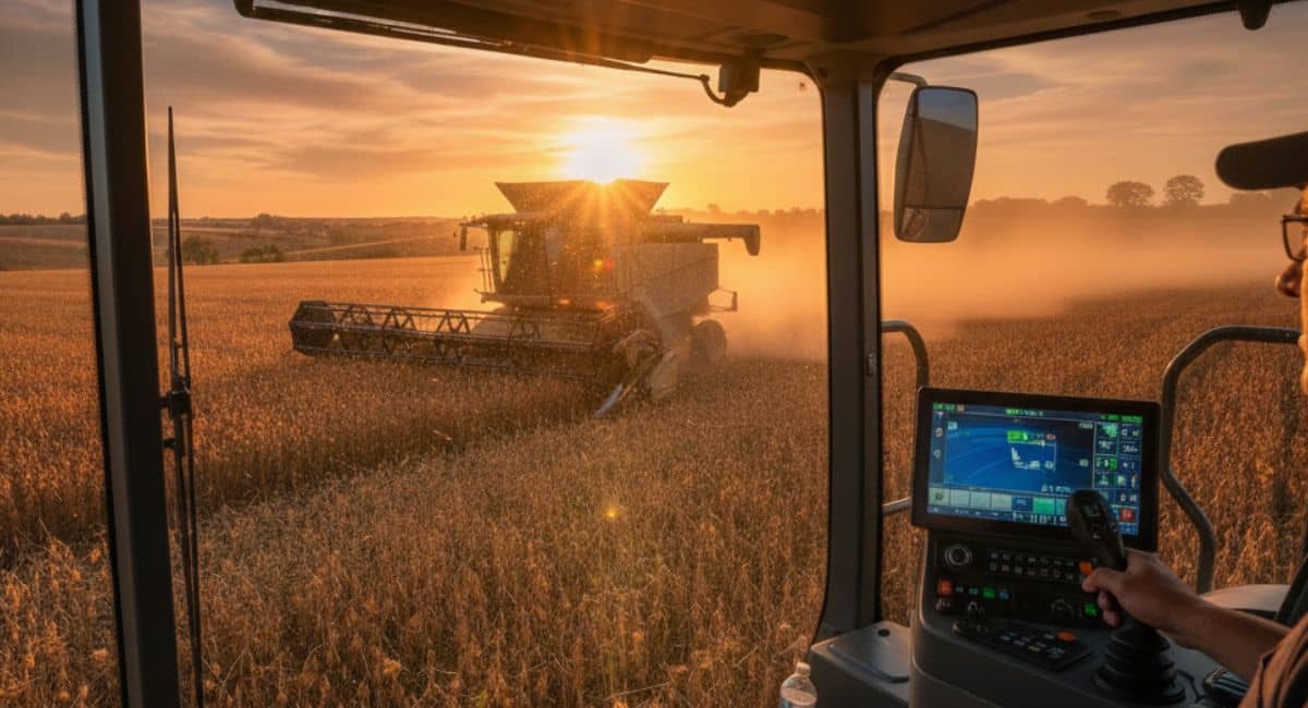 Profissional operando trator agrícola moderno em atividade de plantio