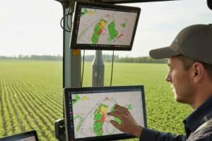 Operador utilizando sistema de GPS e monitoramento no campo